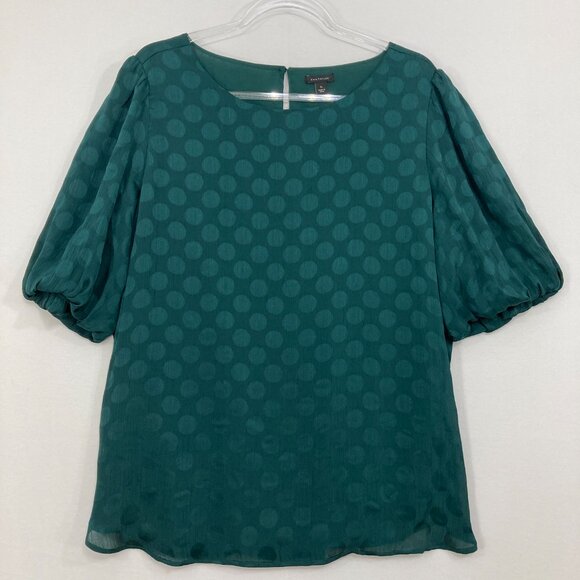 Ann Taylor size XL Green Round Neck Polka Dot Short Sleeve Blouse Office Career - Picture 1 of 11